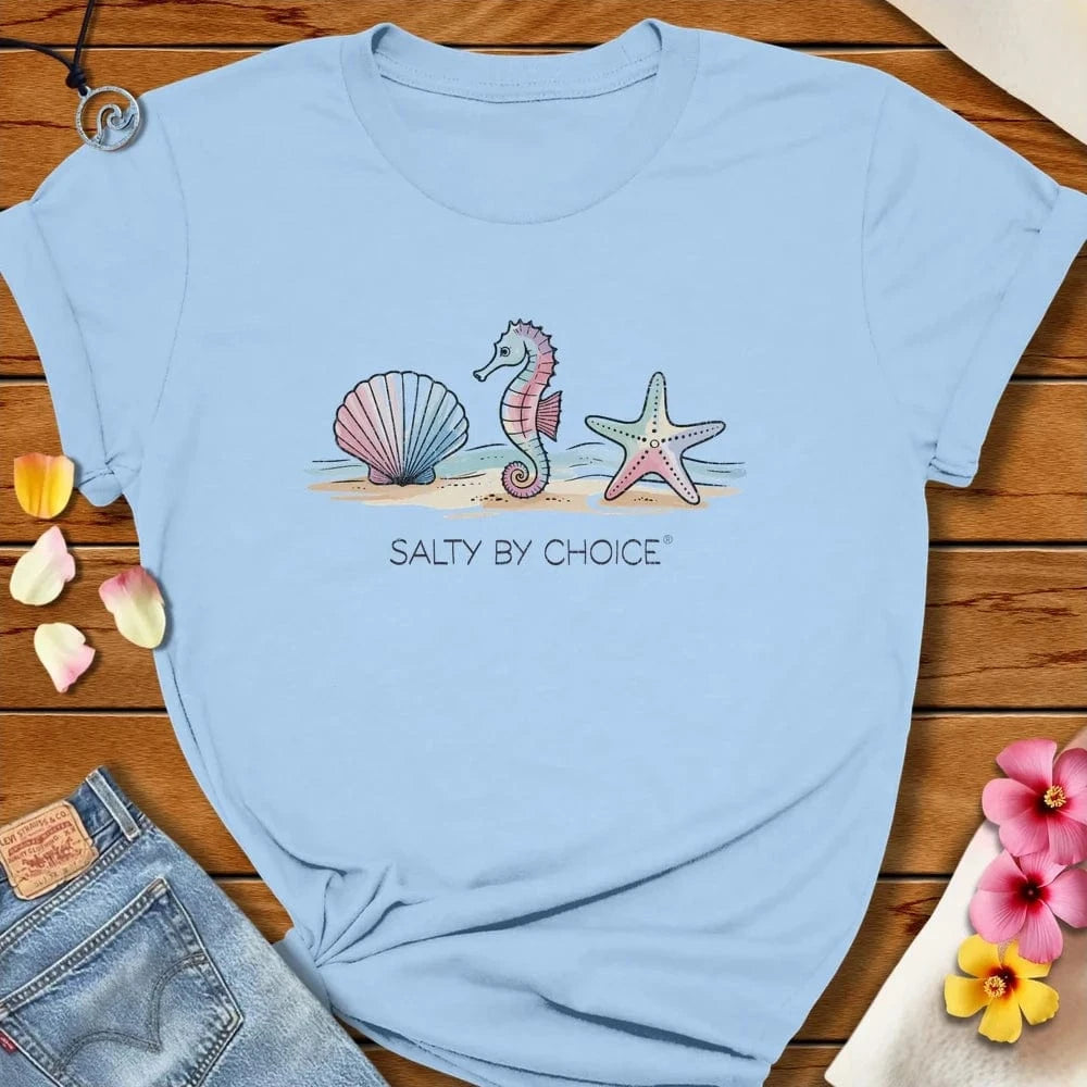 Sea Shell Sea Horse Star Fish Tee Baby Blue by Salty By Choice® We love the beach ocean and anything around water.