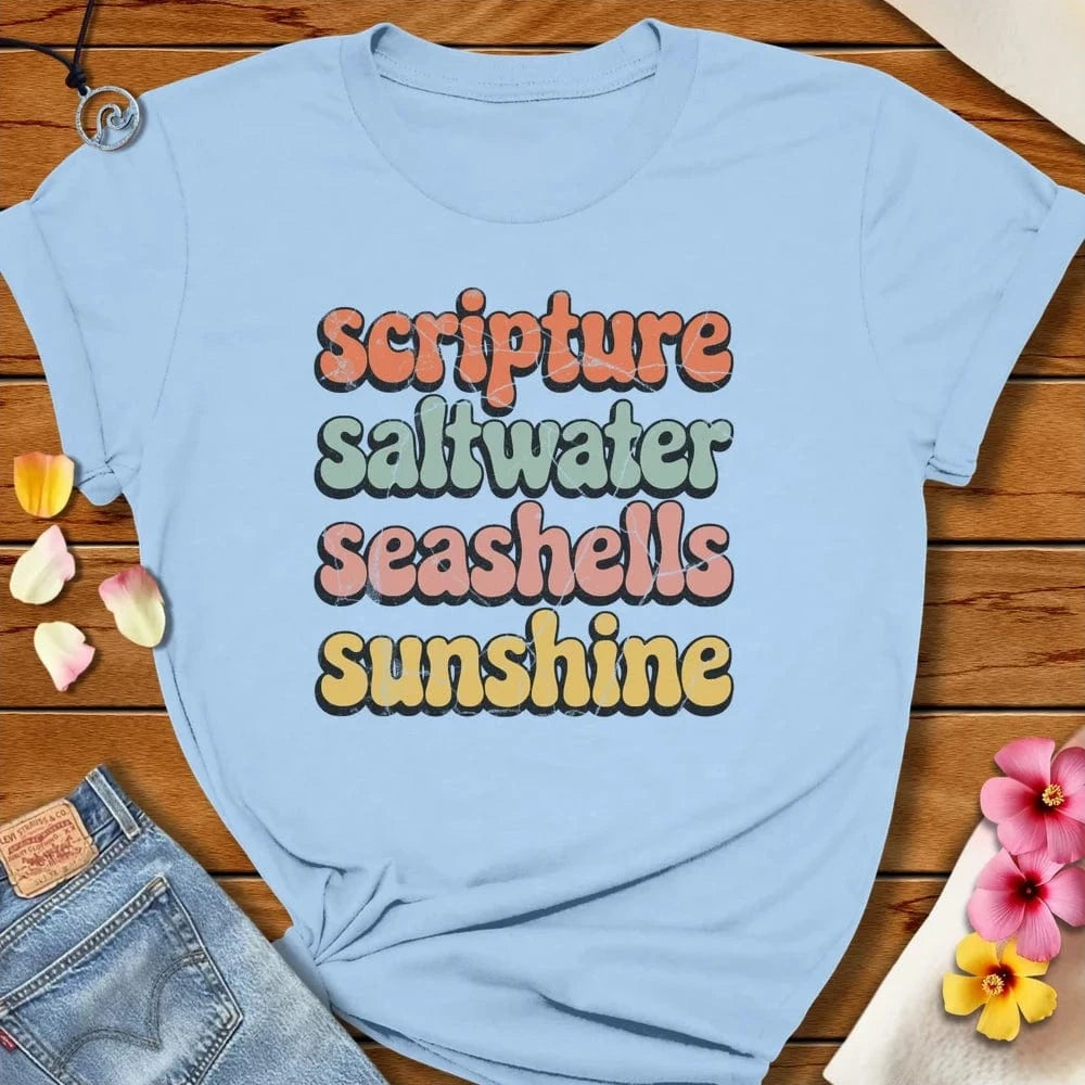 Scripture, saltwater, seashells and sunshine Tee Baby Blue by Salty By Choice® We love the beach ocean and anything around water.