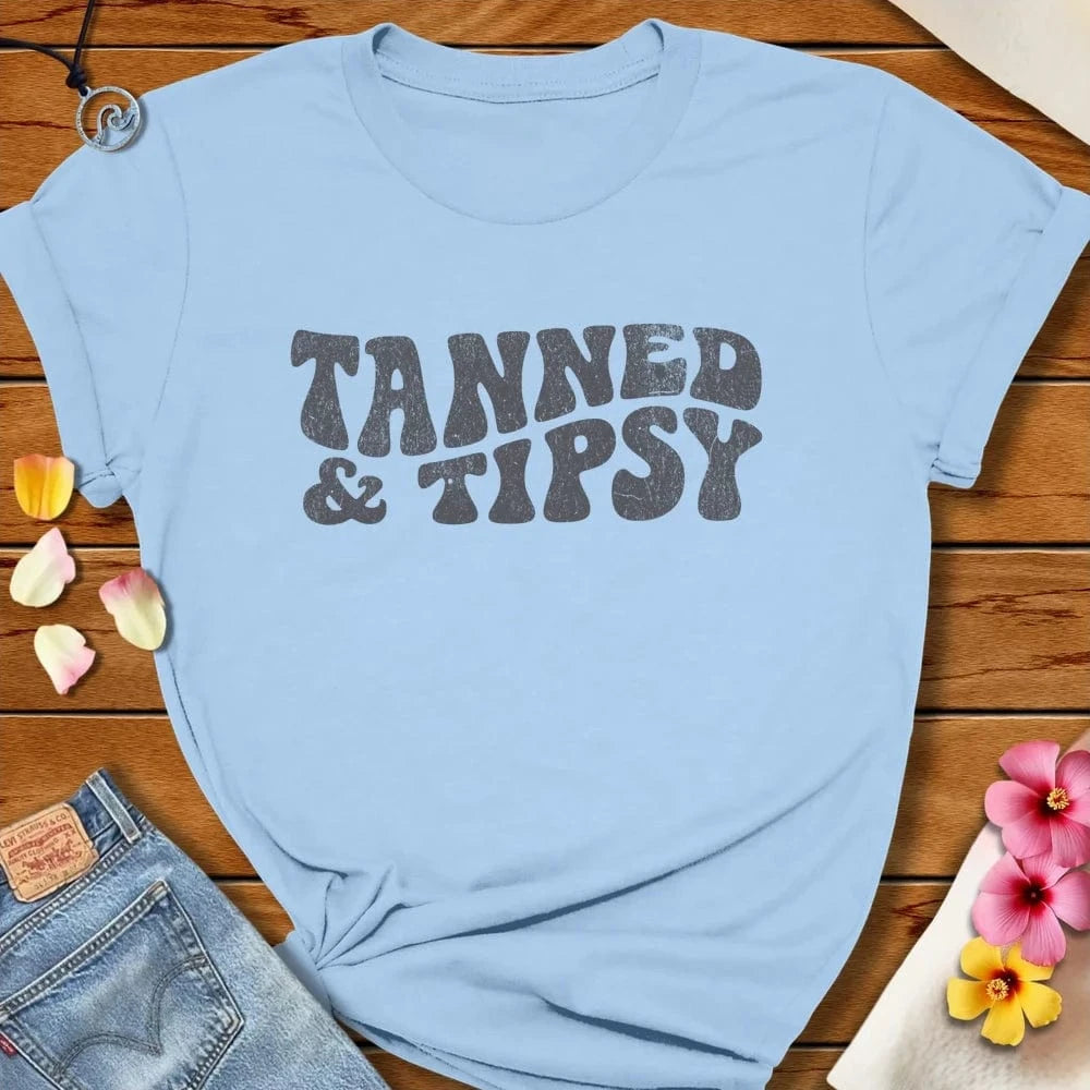 Tanned Tipsy Tee Baby Blue by Salty By Choice® We love the beach ocean and anything around water.