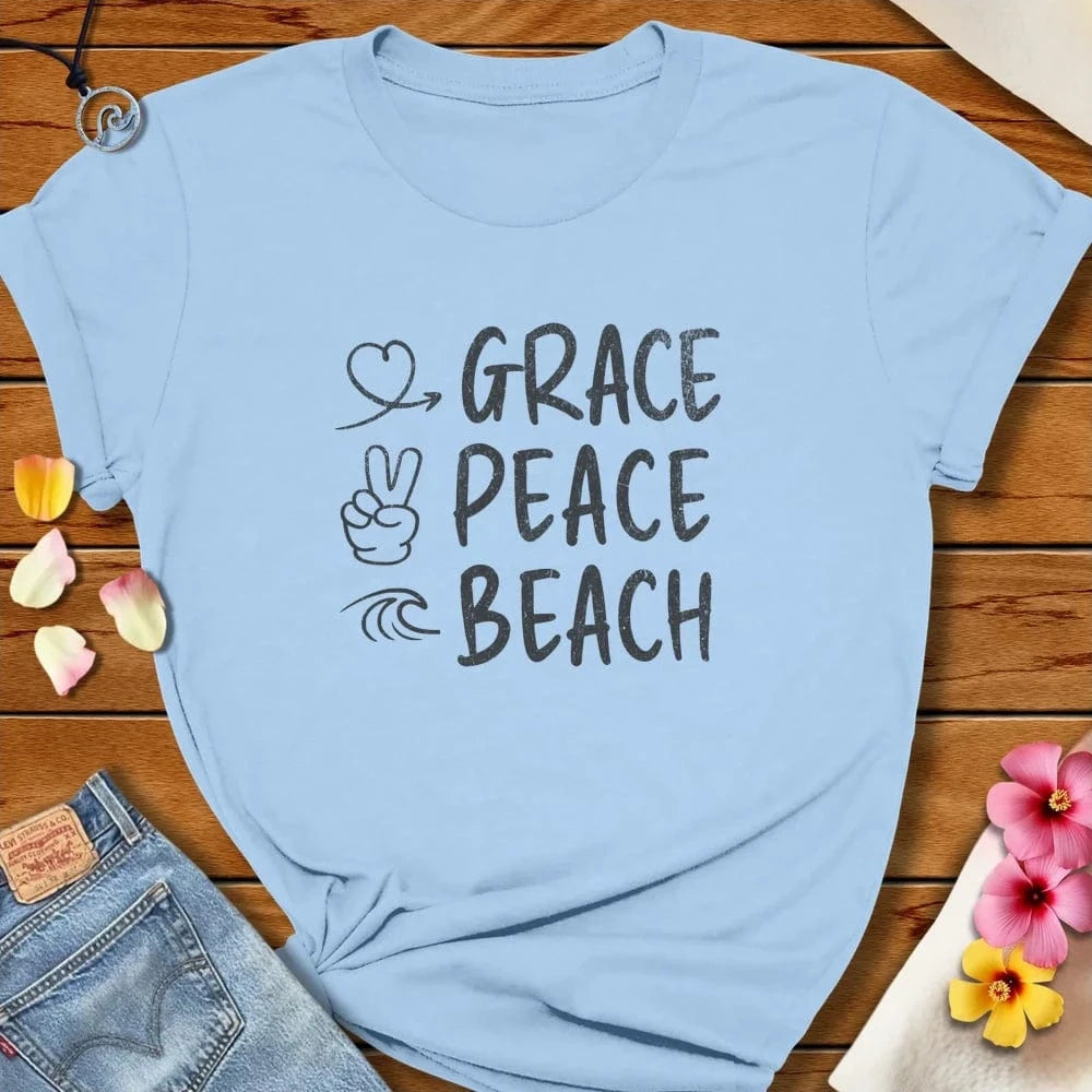 Grace Peace Beach Tee Baby Blue by Salty By Choice® We love the beach ocean and anything around water.