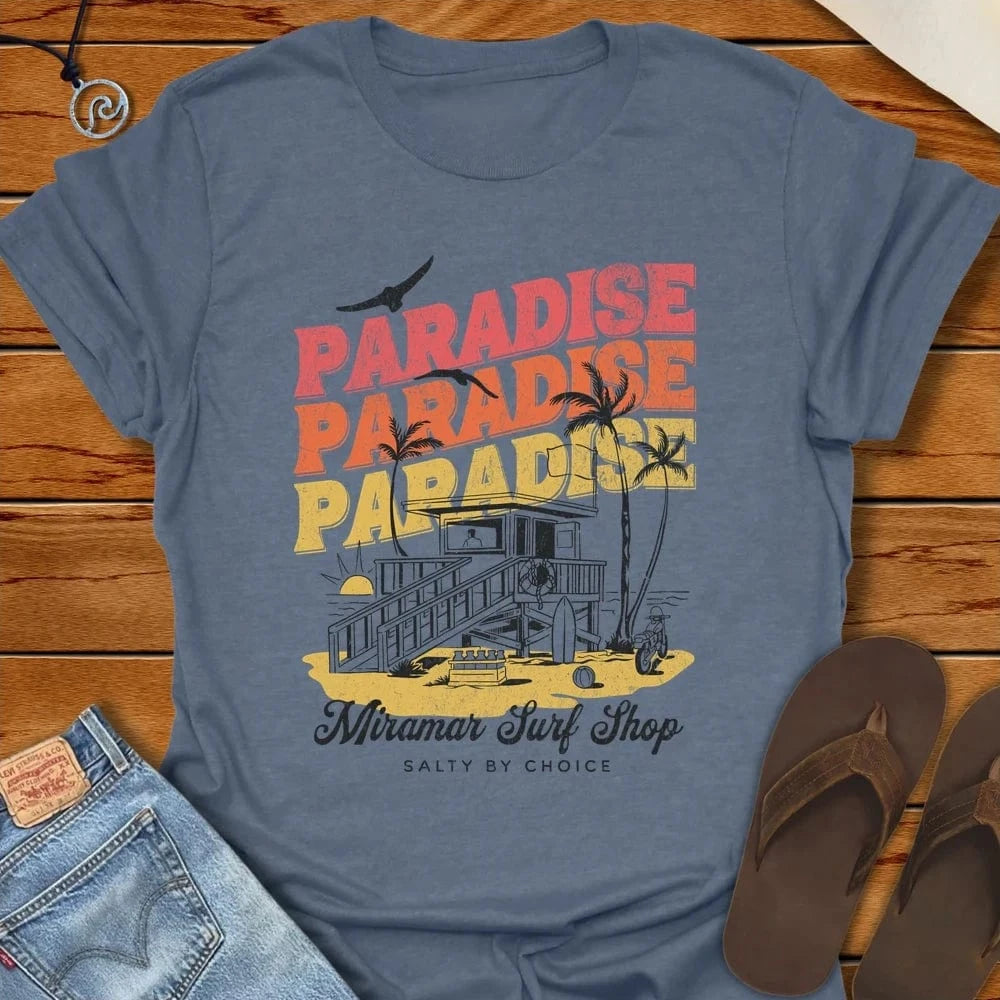 Paradise Sunset Lovers Tee Heather Indigo by Salty By Choice® We love the beach ocean and anything around water.