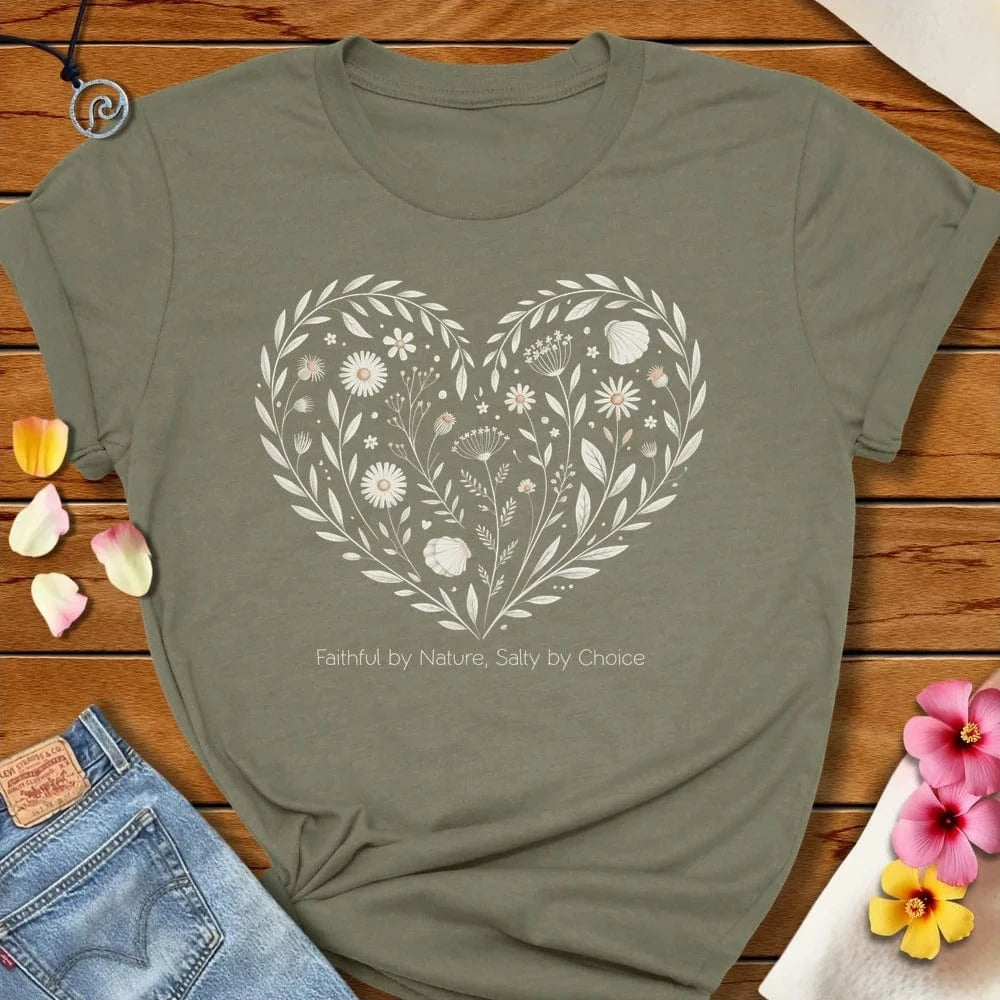 Flowers And Seashells Heart Tee Heather Olive by Salty By Choice® We love the beach ocean and anything around water.