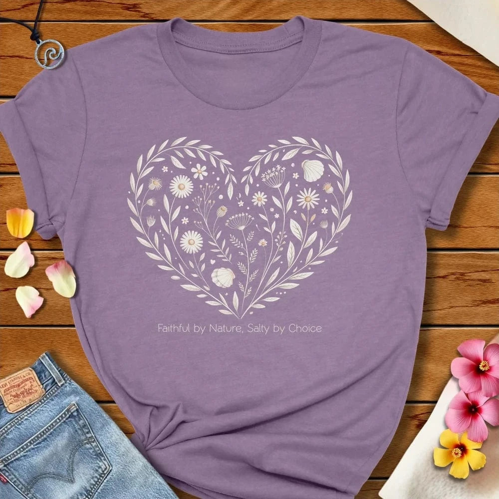 Flowers And Seashells Heart Tee Heather Purple by Salty By Choice® We love the beach ocean and anything around water.