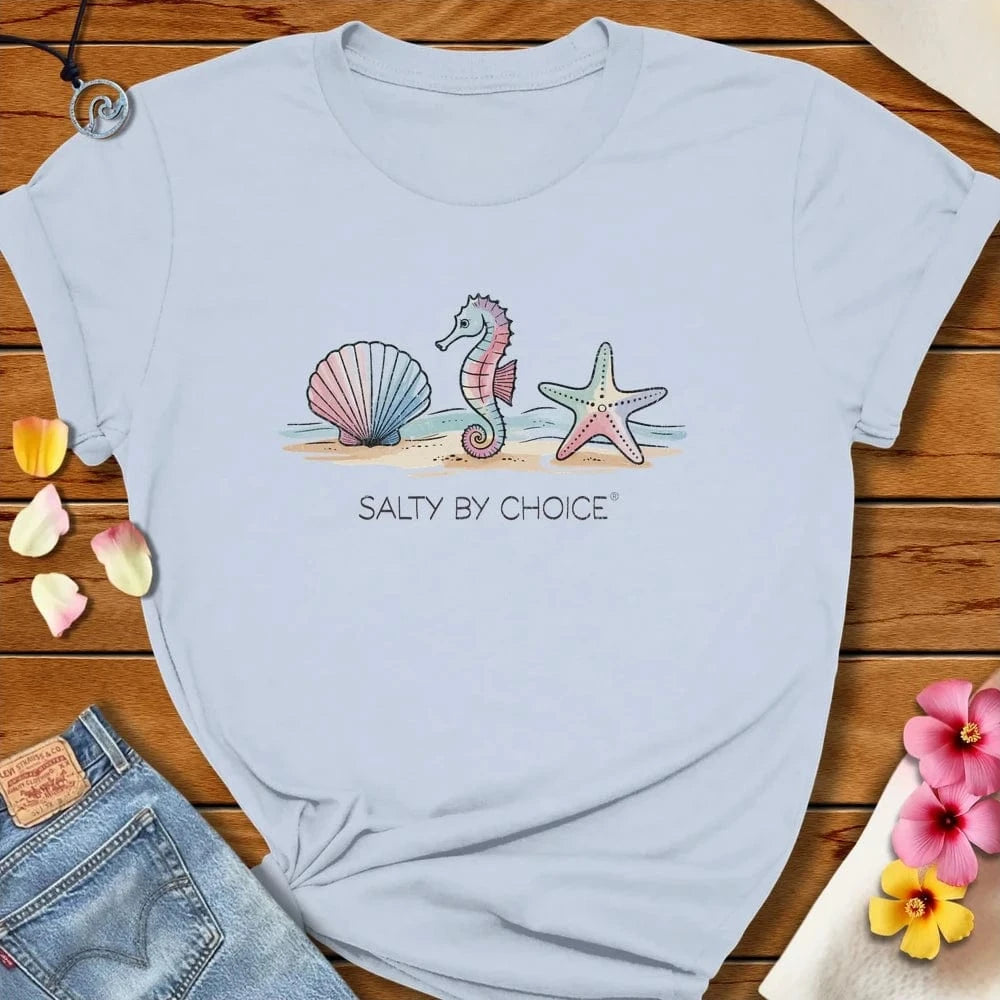 Sea Shell Sea Horse Star Fish Tee Light Blue by Salty By Choice® We love the beach ocean and anything around water.