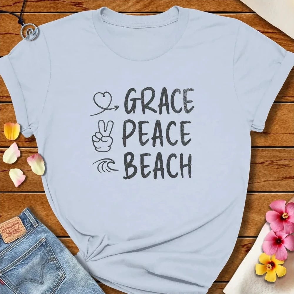Grace Peace Beach Tee Light Blue by Salty By Choice® We love the beach ocean and anything around water.