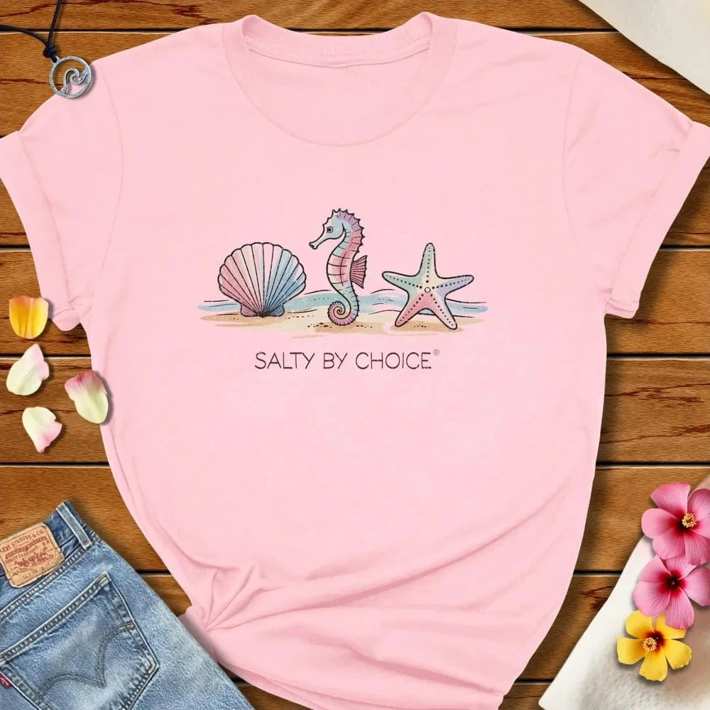 Sea Shell Sea Horse Star Fish Tee Soft Pink by Salty By Choice® We love the beach ocean and anything around water.