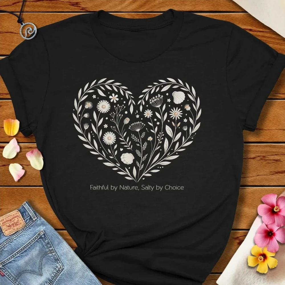 Flowers And Seashells Heart Tee Solid Black Blend by Salty By Choice® We love the beach ocean and anything around water.