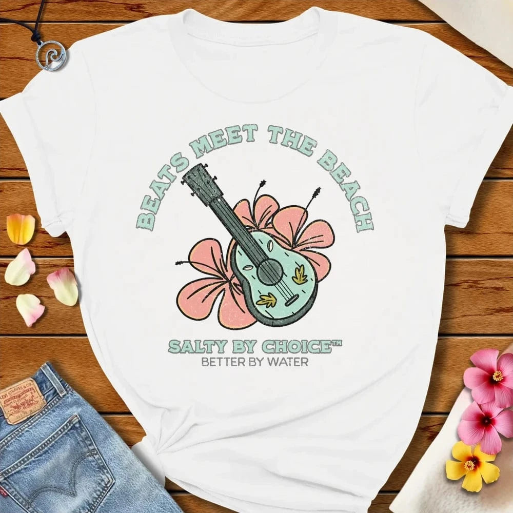 Beats Meet The Beach Tee White by Salty By Choice® We love the beach ocean and anything around water.