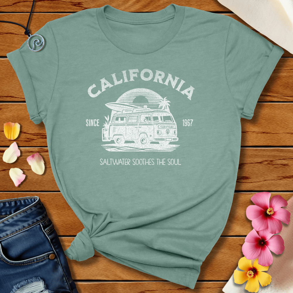 California Saltwater Sooths Tee Heather Prism Dusty Blue by Salty By Choice® We love the beach ocean and anything around water.