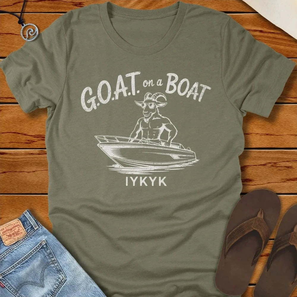 Goat On A Boat Tee Heather Olive by Salty By Choice® We love the beach ocean and anything around water.