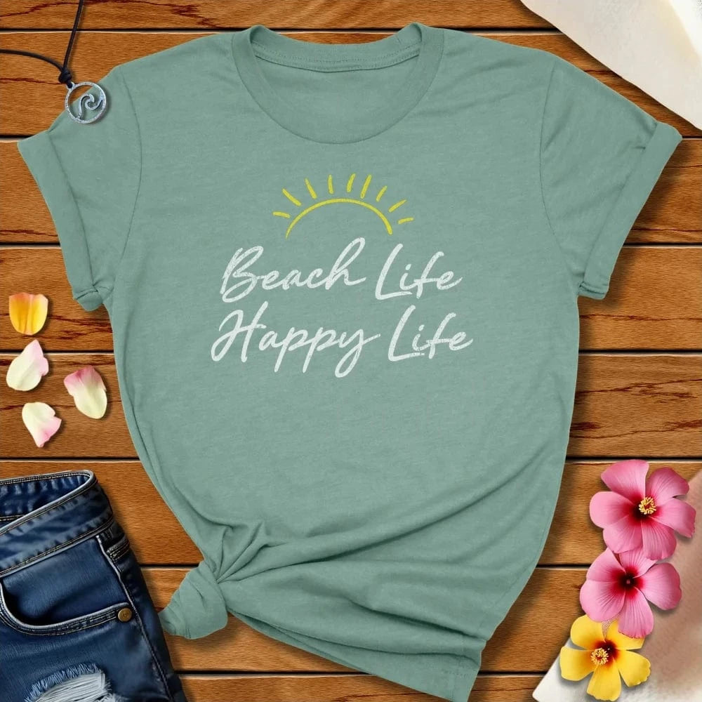 Happy Life Tee Heather Prism Dusty Blue by Salty By Choice® We love the beach ocean and anything around water.