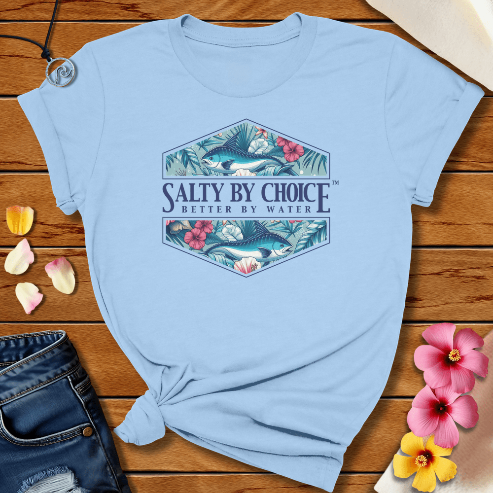 Hibiscus And Mahi Tee Baby Blue by Salty By Choice® We love the beach ocean and anything around water.