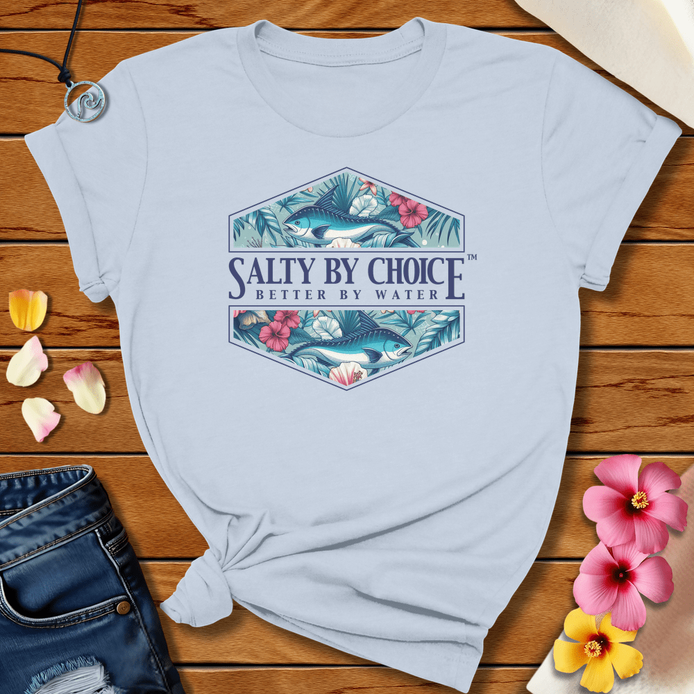 Hibiscus And Mahi Tee Light Blue by Salty By Choice® We love the beach ocean and anything around water.