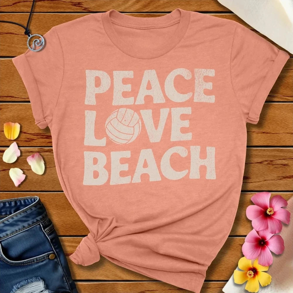 Peace Love Beach Volleyball Tee Heather Prism Sunset by Salty By Choice™ We love the beach ocean and anything around water.