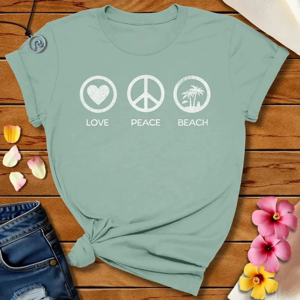 Peace Love Beach Tee Dusty Blue by Salty By Choice® We love the beach ocean and anything around water.