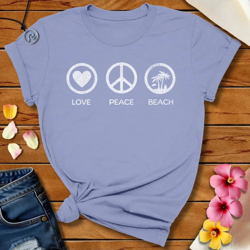 Peace Love Beach Tee Lavender Blue by Salty By Choice® We love the beach ocean and anything around water.