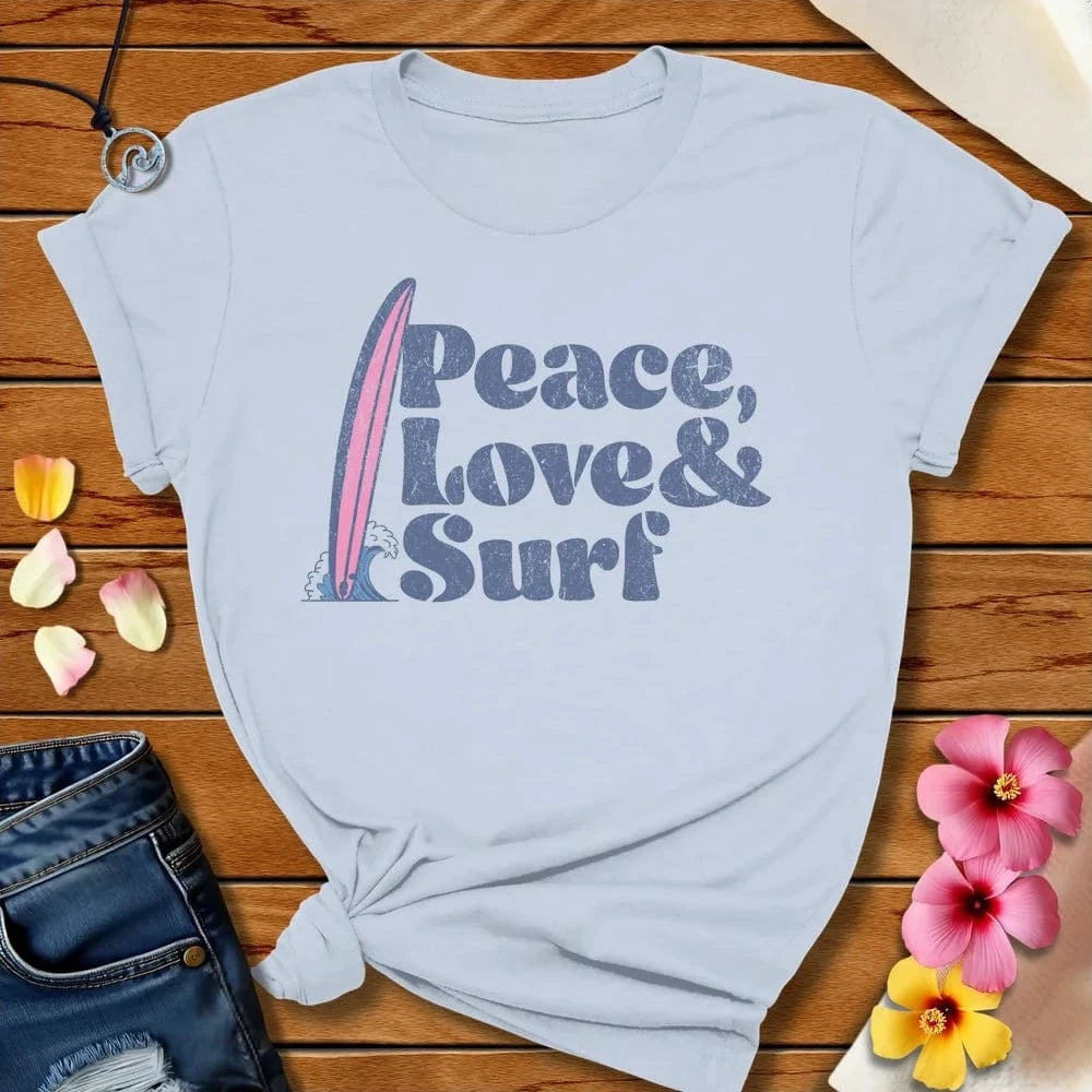 Peace Love Surf Tee Light Blue by Salty By Choice® We love the beach ocean and anything around water.