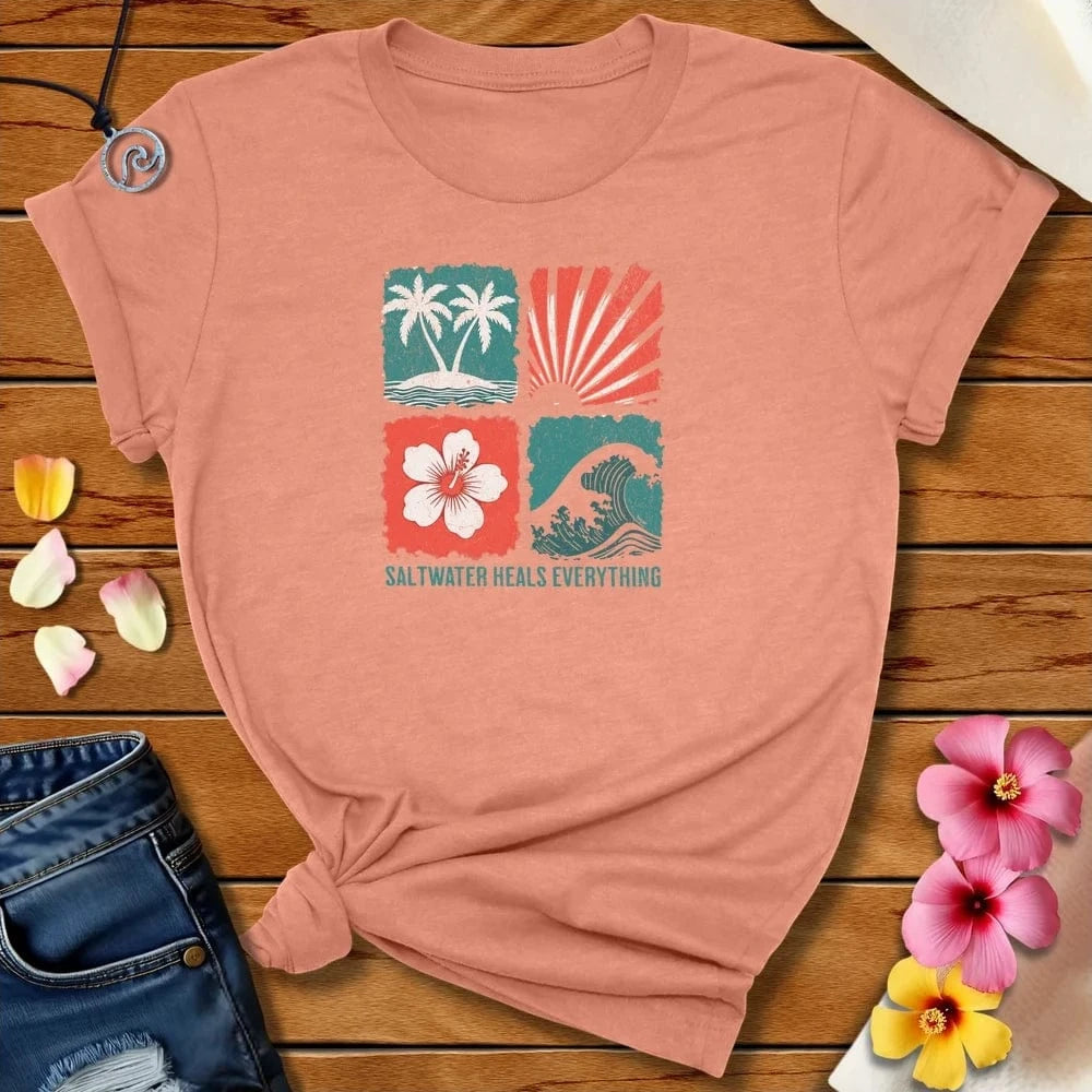Saltwater Heals Everything Tee Heather Prism Sunset by Salty By Choice® We love the beach ocean and anything around water.