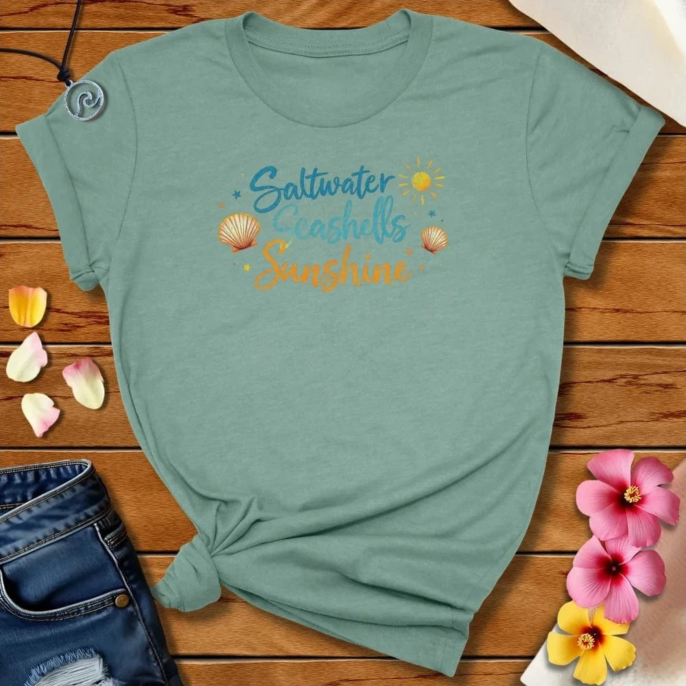 Saltwater Seashells Sunshine Tee Heather Prism Dusty Blue by Salty By Choice® We love the beach ocean and anything around water.
