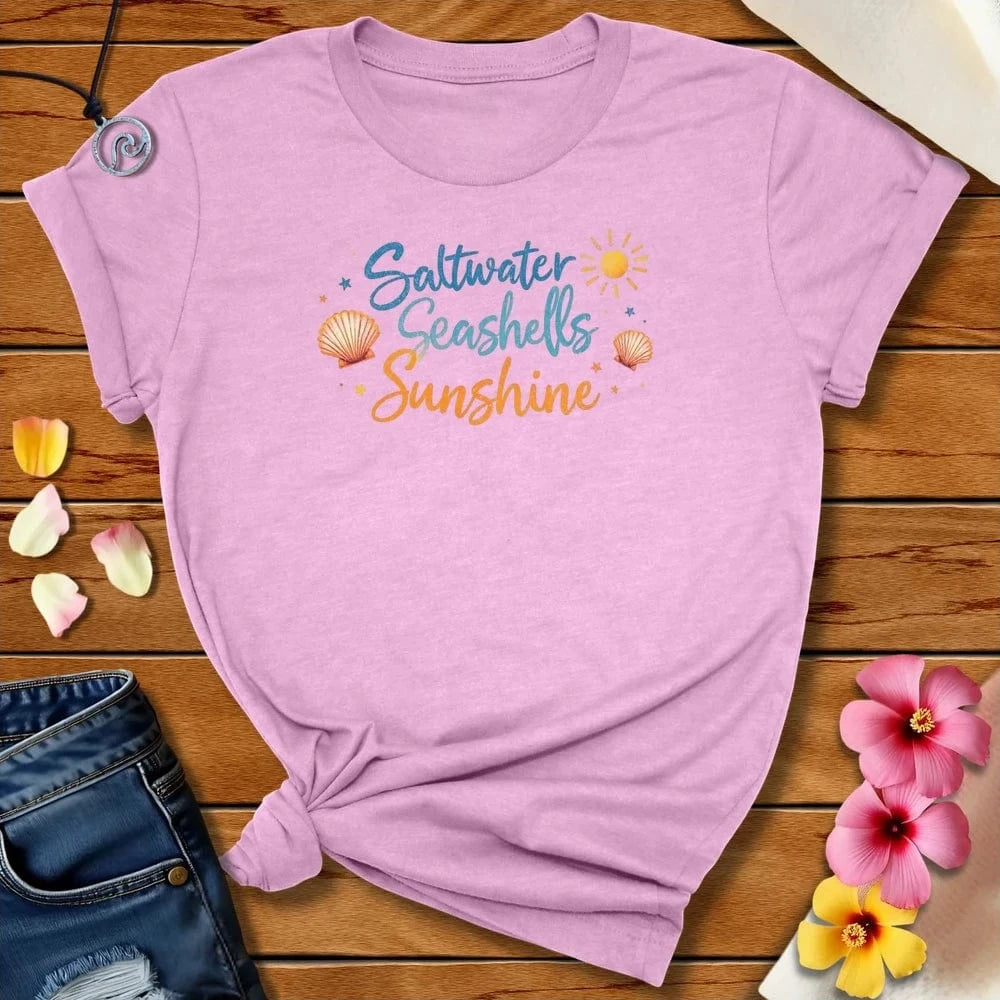 Saltwater Seashells Sunshine Tee Heather Prism Lilac by Salty By Choice® We love the beach ocean and anything around water.