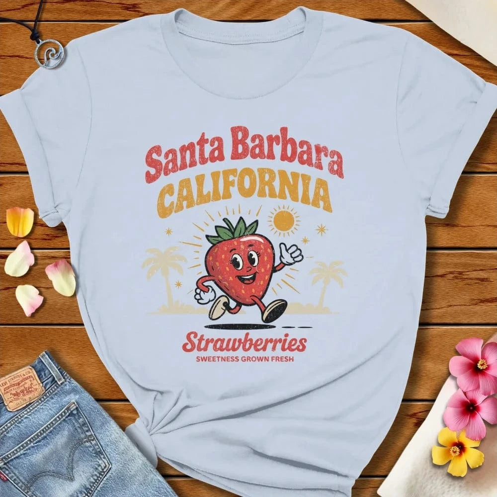 Santa Barbara Strawberry Tee Light Blue by Salty By Choice® We love the beach ocean and anything around water.