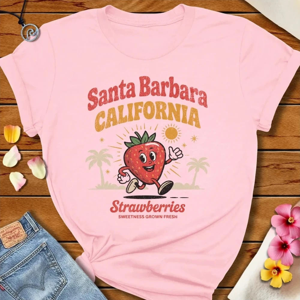 Santa Barbara Strawberry Tee Soft Pink by Salty By Choice® We love the beach ocean and anything around water.