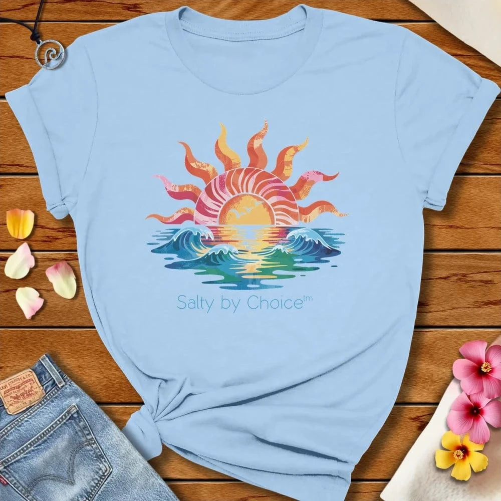 Sunset Wave Tee Baby Blue by Salty By Choice™ We love the beach ocean and anything around water.