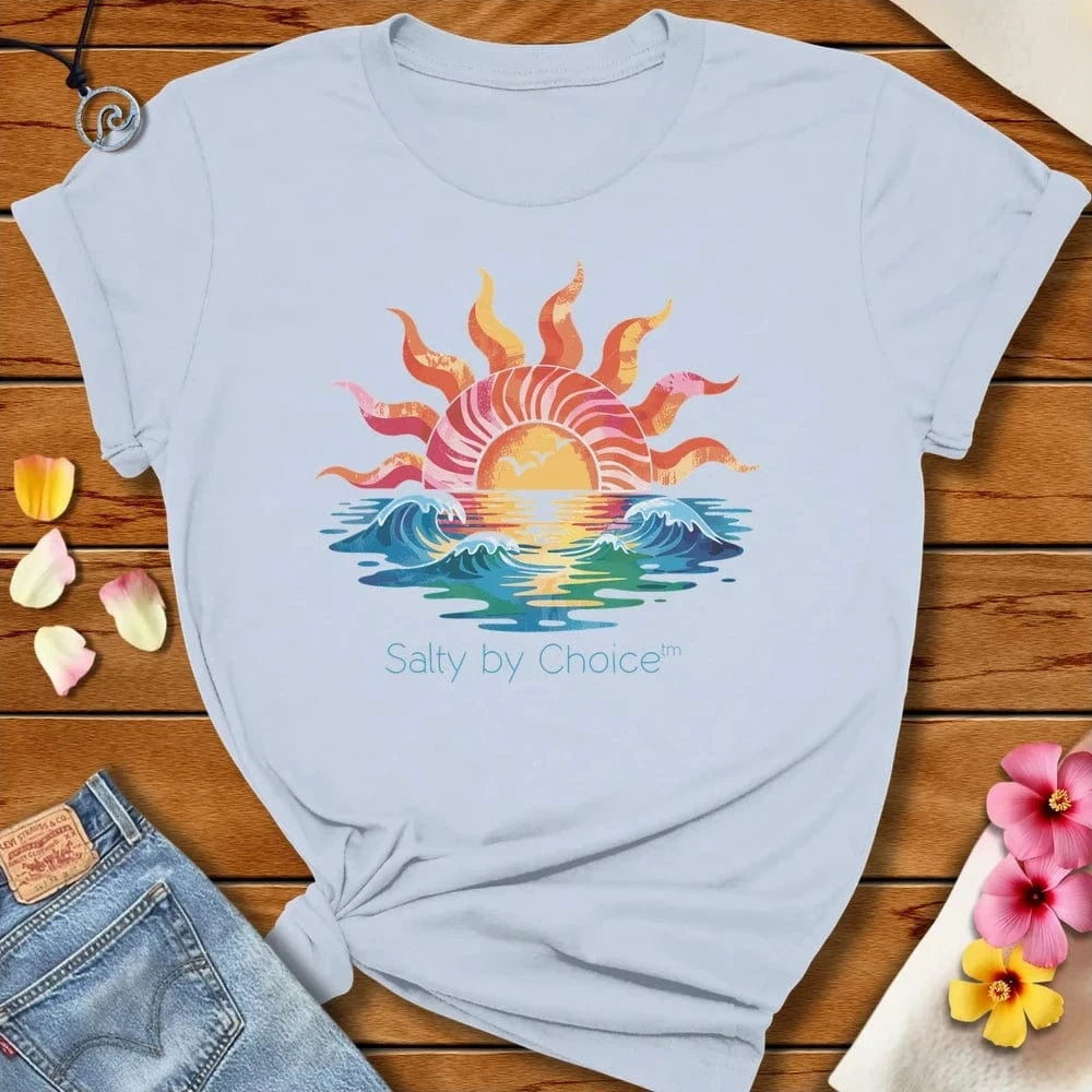 Sunset Wave Tee Light Blue by Salty By Choice™ We love the beach ocean and anything around water.