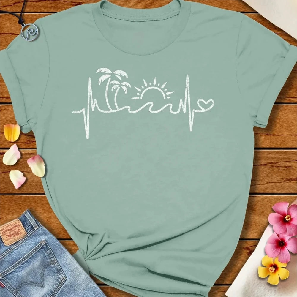 Tropical Heartbeat White Tee - Dusty Blue