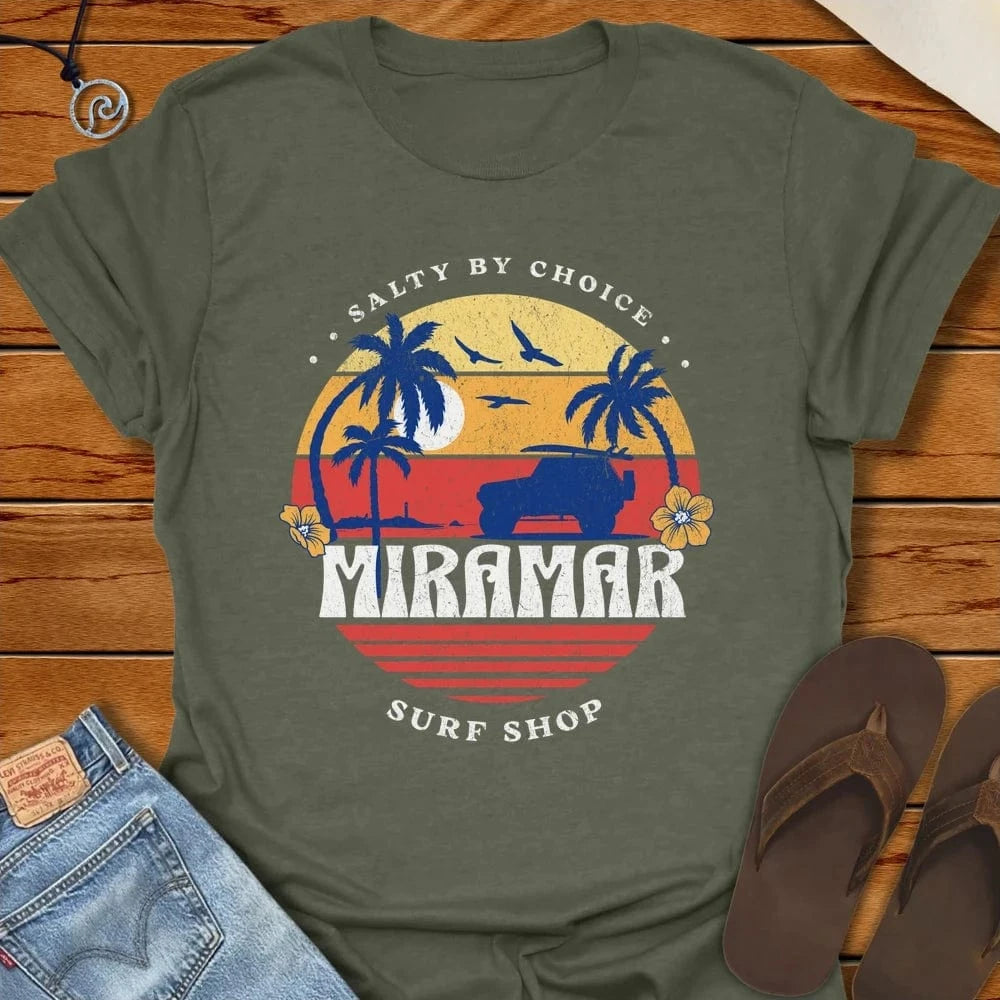 Sunset Surfing Tee Heather Military Green by Salty By Choice® We love the beach ocean and anything around water.