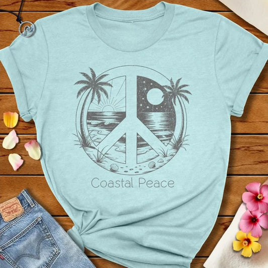 Coastal Peace Tee Heather Prism Ice Blue by Salty By Choice® We love the beach ocean and anything around water.