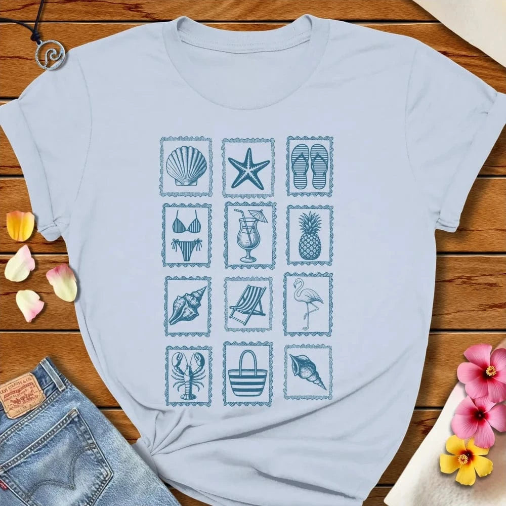 Beach Stamps Tee Light Blue by Salty By Choice® We love the beach ocean and anything around water.