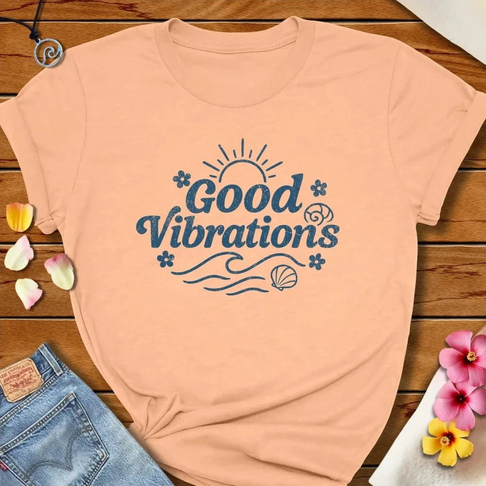 Good Vibrations Tee Peach by Salty By Choice® We love the beach ocean and anything around water.
