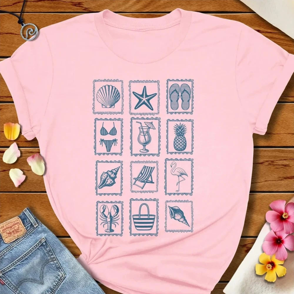 Beach Stamps Tee Soft Pink by Salty By Choice® We love the beach ocean and anything around water.
