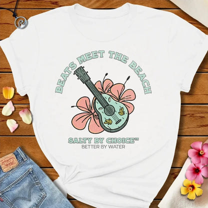 Beats Meet The Beach Tee White by Salty By Choice® We love the beach ocean and anything around water.